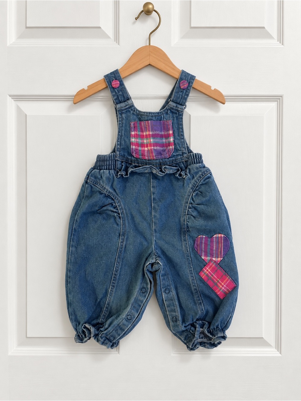 Vintage 90s Eclipse Denim Balloon Overalls Romper Plaid Heart 12M